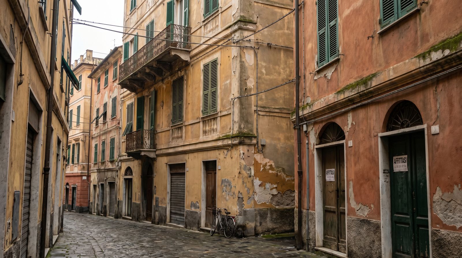 Una via del centro storico di Genova con abitazioni sfitte e cartelli affittasi